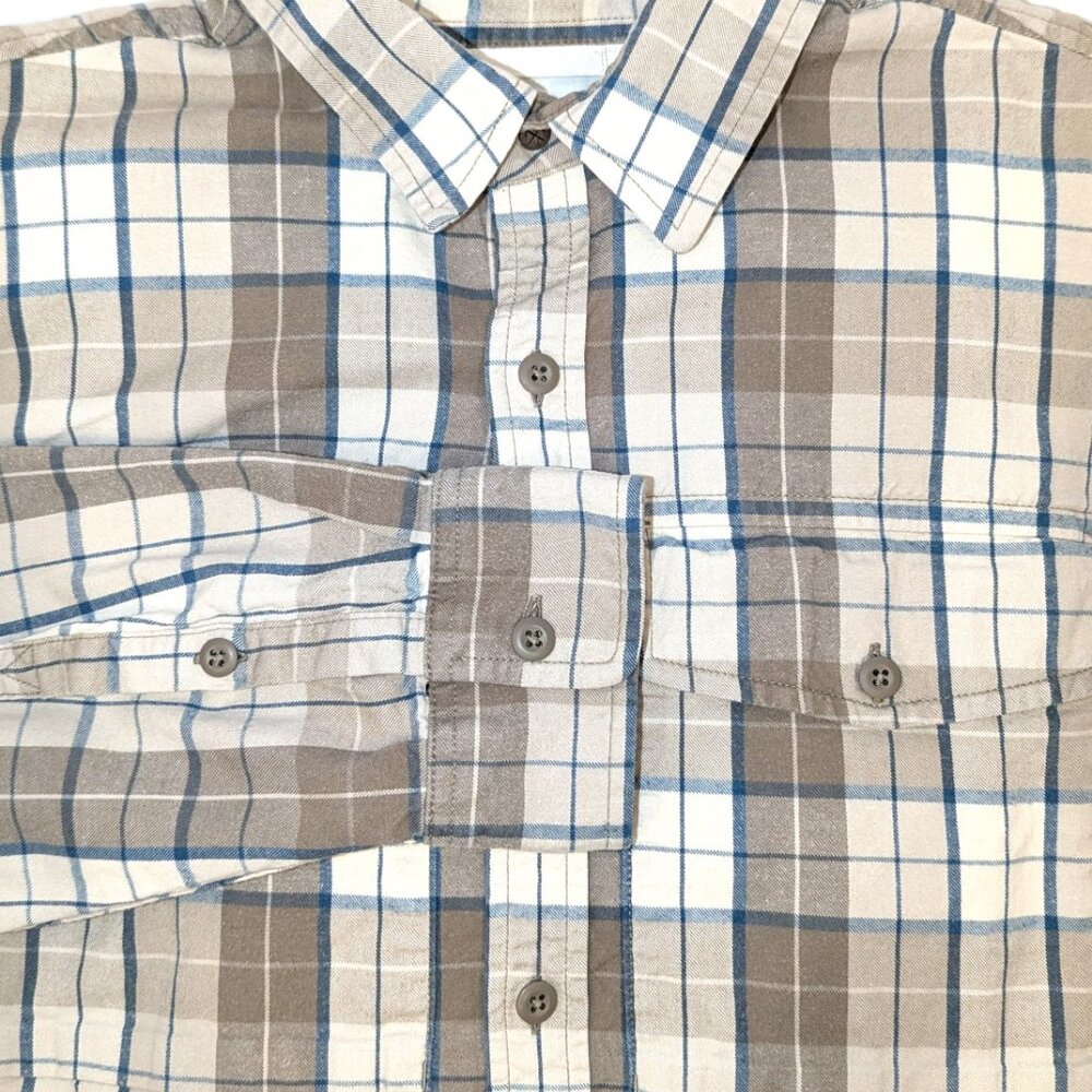 REI Men's | Cotton Flannel Lenox Plaid Armadillo Taupe, Cream & Blue Large